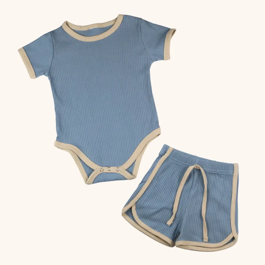 Stitcharoo Kids Ribbed Short-Sleeve Contrast Bodysuit & Shorts Set