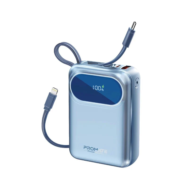 Promate PowerPod-20 Ultra Compact 35W SuperSpeed Power Bank with Built-in USB-C & Lightning Cable