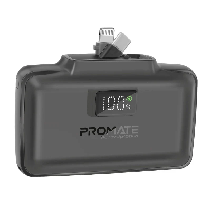 Promate PowerUp-10Duo Ultra-Compact Fast Charging Power Bank with Dual Folding USB-C & Lightning Connectors