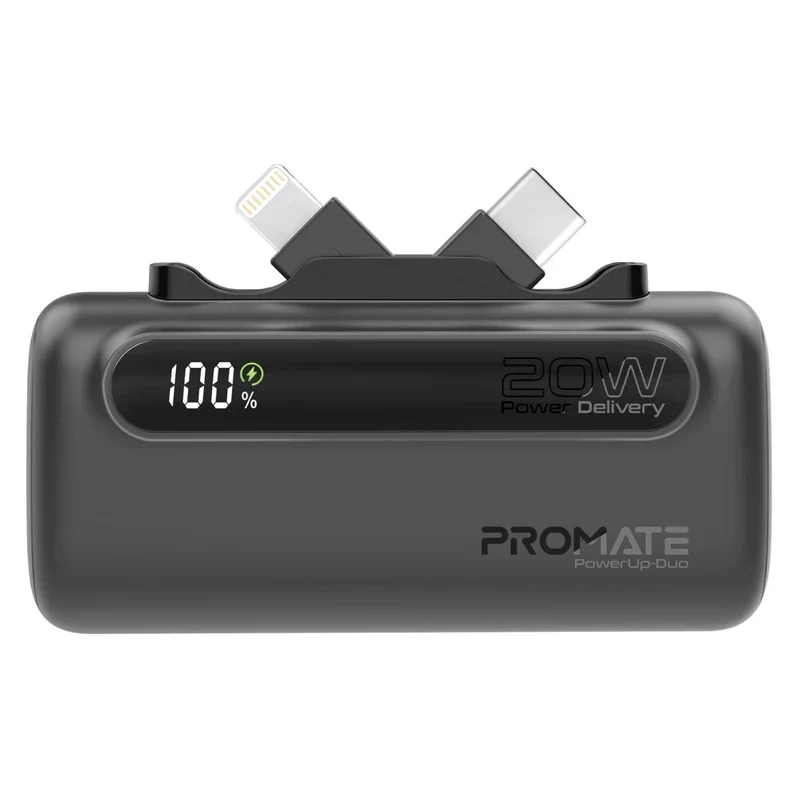 Promate PowerUp-Duo Ultra-Compact Fast Charging Power Bank with Dual Foldable USB-C & Lightning Connectors