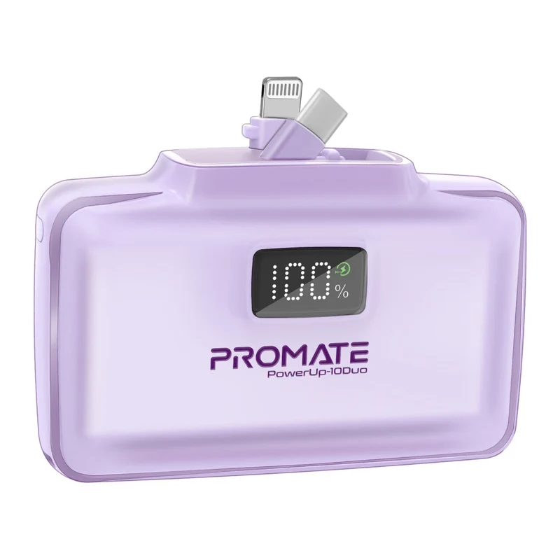 Promate PowerUp-10Duo Ultra-Compact Fast Charging Power Bank with Dual Folding USB-C & Lightning Connectors