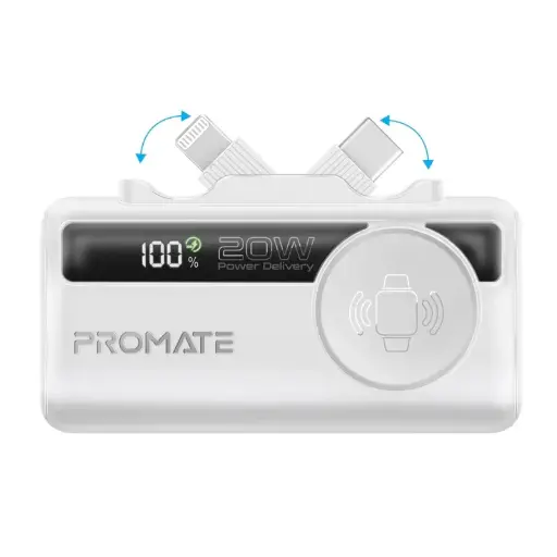 Promate PowerUp-Trio  Multiport Powerbank with Foldable USB-C & Lightning Connectors & Apple Watch Charger