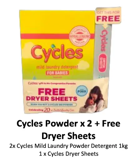 Cycles Powder Bundle (2 Cycles Laundry Detergent Powder 1kg + Free Cycles Dryer Sheets)
